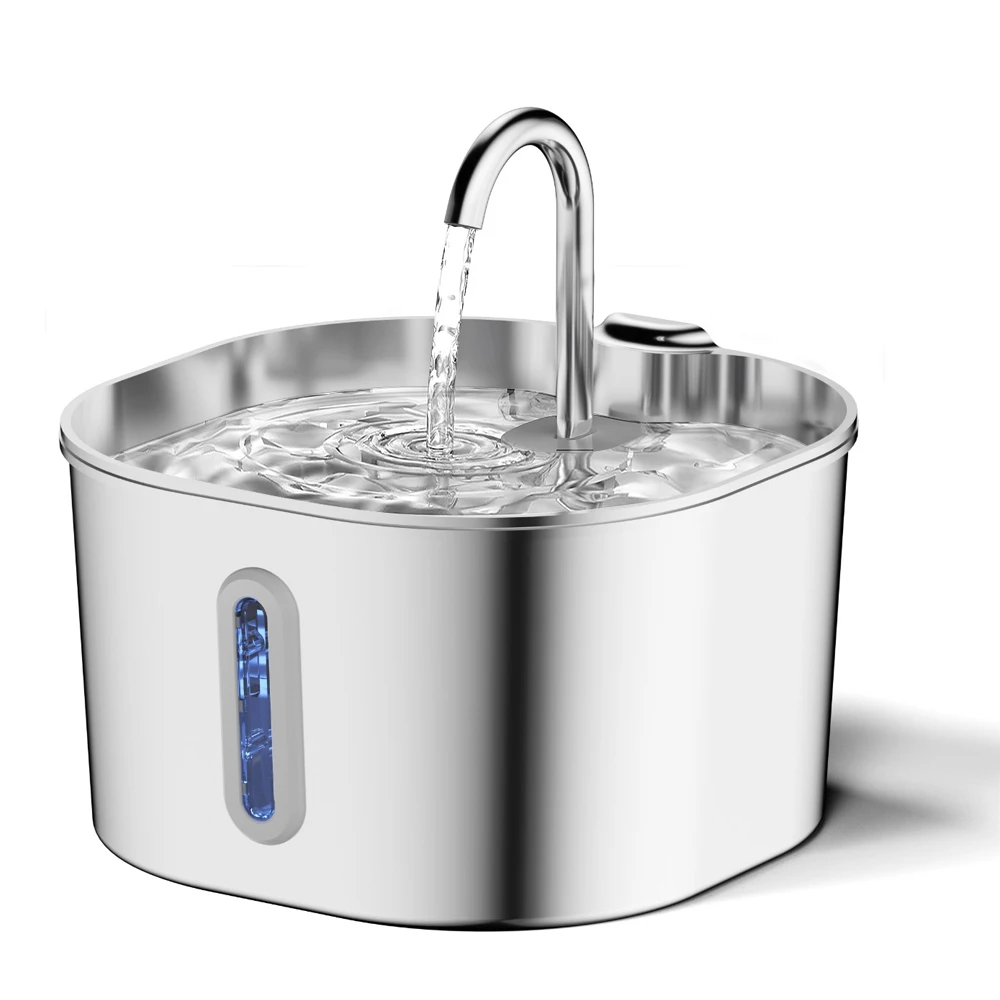 Angled view of the stainless steel 2.2L automatic pet water fountain with water flowing and blue indicator light.
