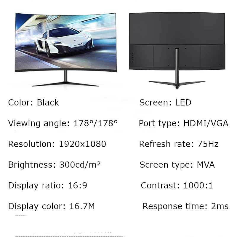 FYHXele 27" Curved Monitor — Full HD 1080p, 75Hz, VA Panel, HDMI/DP