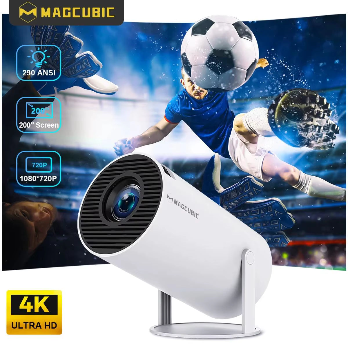 Magcubic HY300 Pro projector with 4K Ultra HD support, 290 ANSI lumens, and up to 200-inch screen size