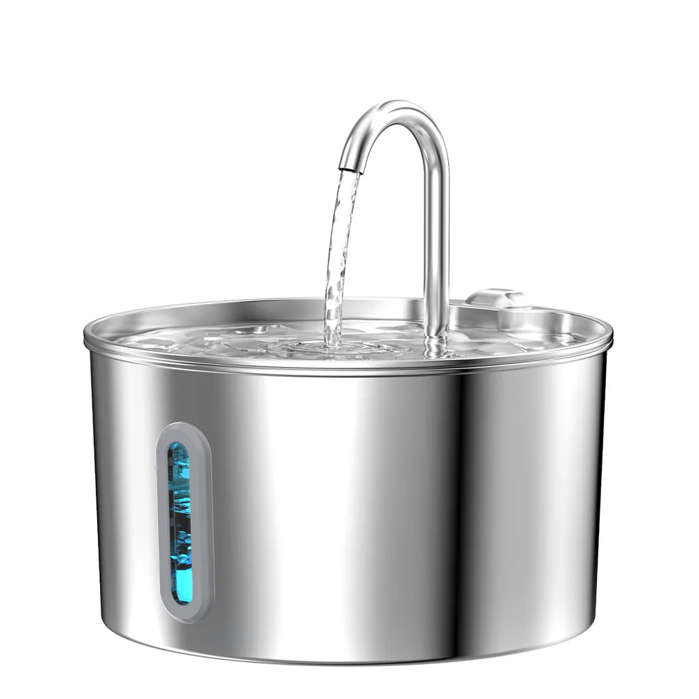 Stainless steel 2.2L automatic pet water fountain with water flowing from spout and blue LED water-level indicator.