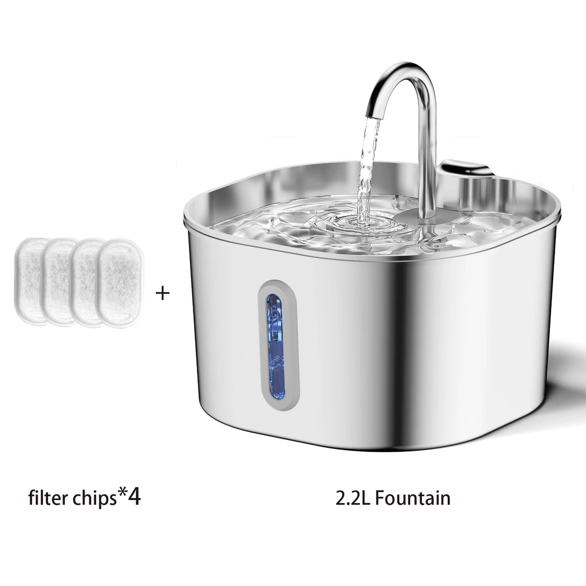 2.2L stainless steel pet water fountain paired with a 4-pack of replacement filter chips.