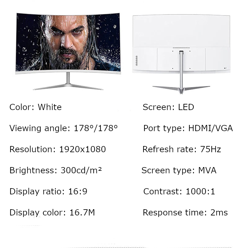 FYHXele 27" Curved Monitor — Full HD 1080p, 75Hz, VA Panel, HDMI/DP
