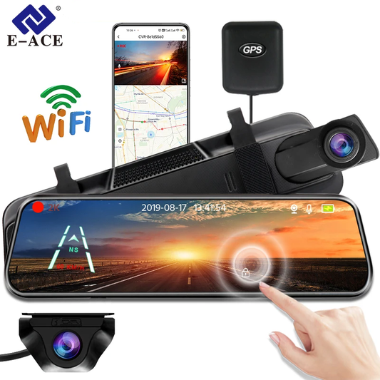 2K Car DVR Mirror full kit with WiFi app, GPS module, front camera, and rear camera