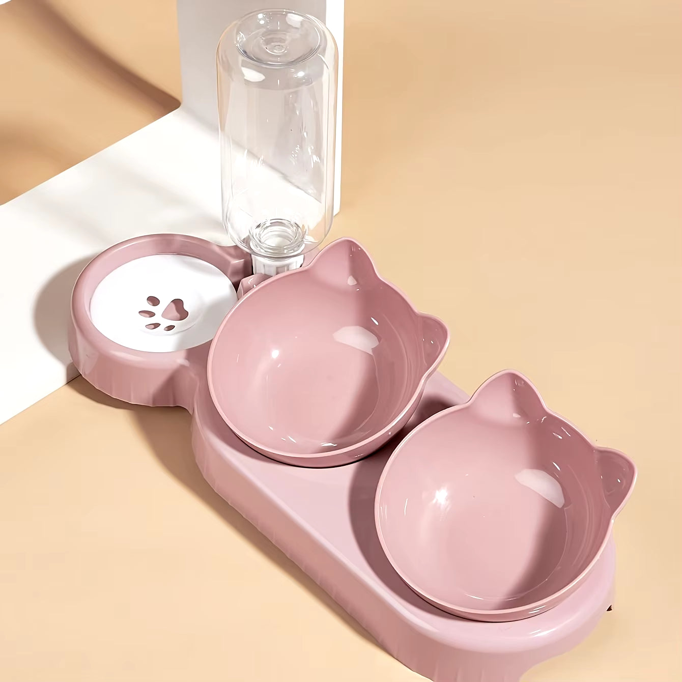 Pet Bowls with Water Feeder, 3 in 1 Ear Design Tilted Cat Water and Food Bowl Set with Gravity Water Bottle for Neck Protection