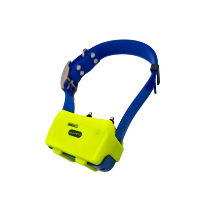4G Pet Tracker Hound GPS Collar in blue with yellow tracker unit, angled view