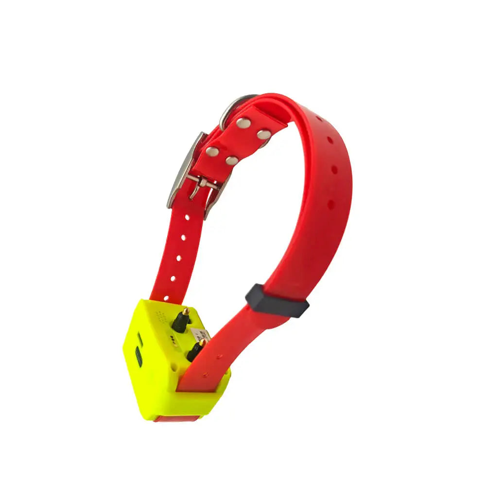 4G Pet Tracker Hound GPS Collar in red with yellow tracker unit, angled view