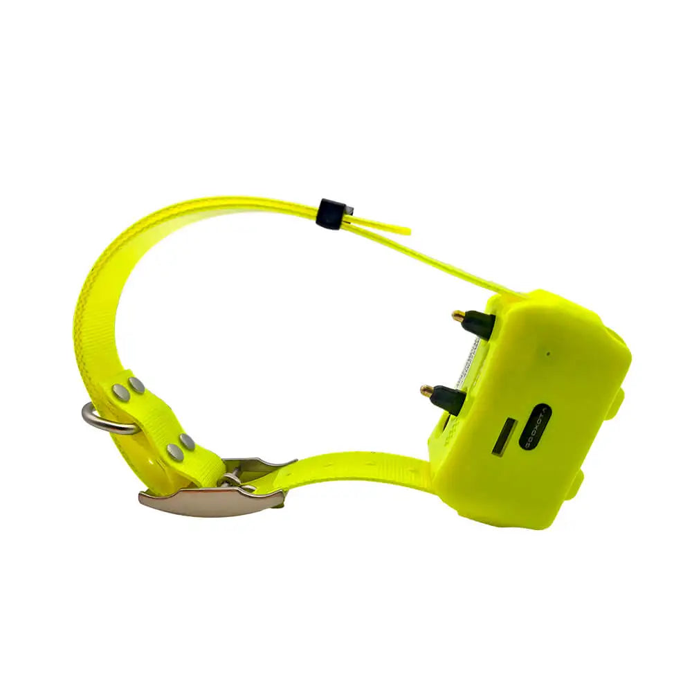 4G Pet Tracker Hound GPS Collar in yellow, angled view showing the GPS tracker unit