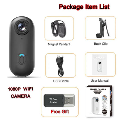 1080P WiFi Action Camera in black with magnet pendant, back clip, USB cable, manual, and TF card reader