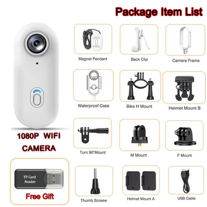1080P WiFi Action Camera in white with full accessory package including helmet, bike, and mount kit
