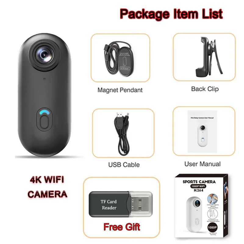 4K WiFi Action Camera in black with magnet pendant, back clip, USB cable, manual, and TF card reader