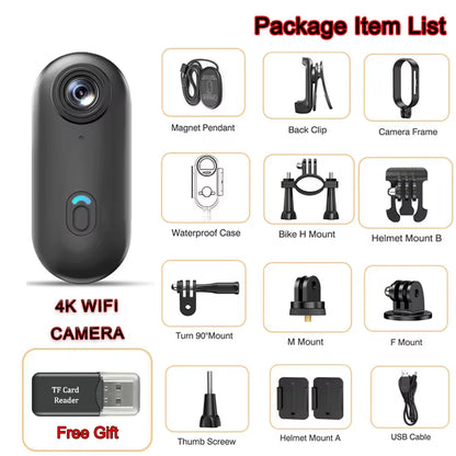 4K WiFi Action Camera in black with full accessory package including helmet, bike, and mount kit