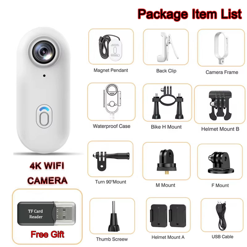 4K WiFi Action Camera in white with full accessory package including helmet, bike, and mount kit