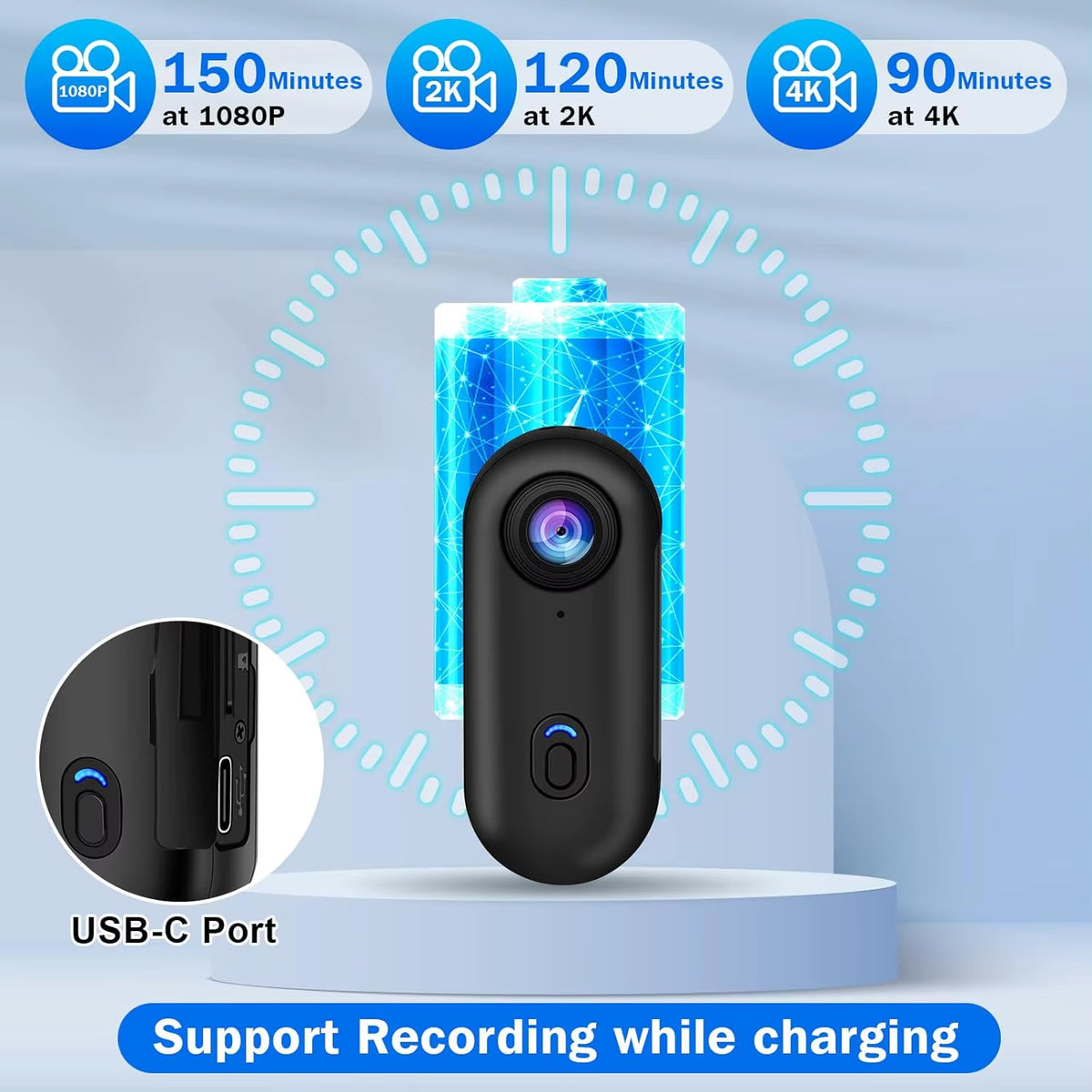 4K Mini Action Camera battery life chart showing up to 150 minutes at 1080p and USB-C charging port