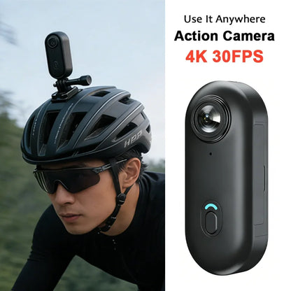 4K Mini Action Camera mounted on a bike helmet, 4K 30FPS recording