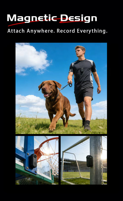4K Mini Action Camera with magnetic design attached to a dog leash, basketball hoop, and soccer goal