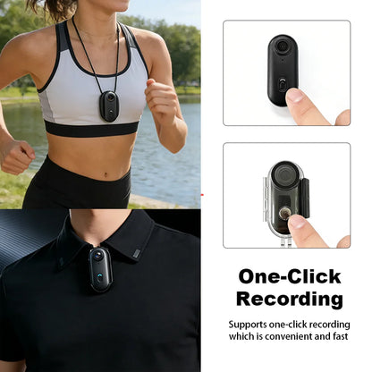 4K Mini Action Camera worn as a necklace while running, with one-click recording button close-up