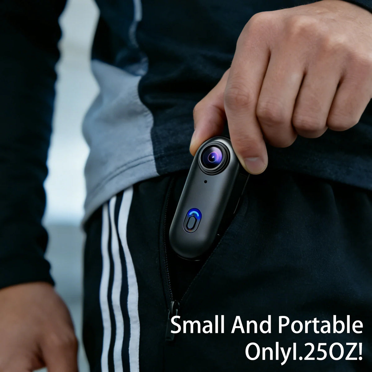 4K Mini Action Camera being placed in a pocket, showing its small and portable 1.25oz size