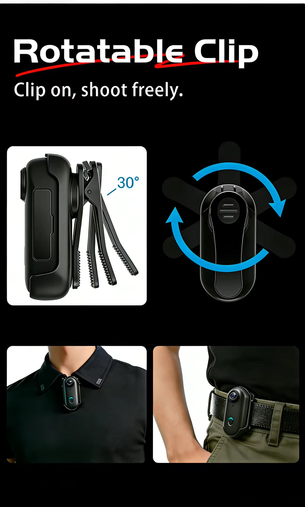 4K Mini Action Camera with rotatable clip worn on collar and belt