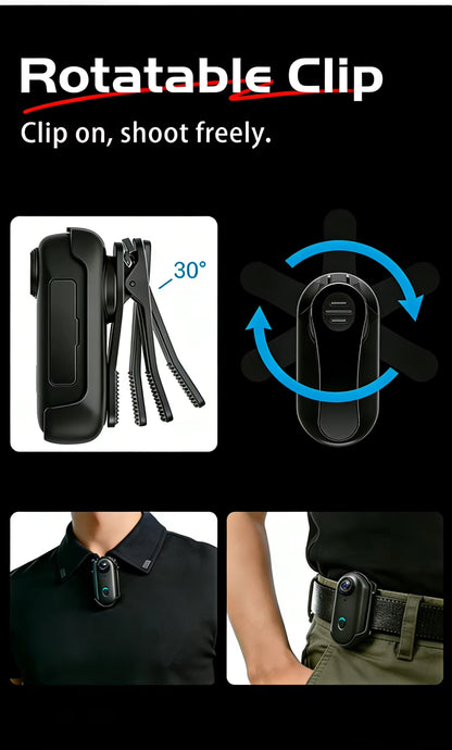 4K Mini Action Camera with rotatable clip worn on collar and belt