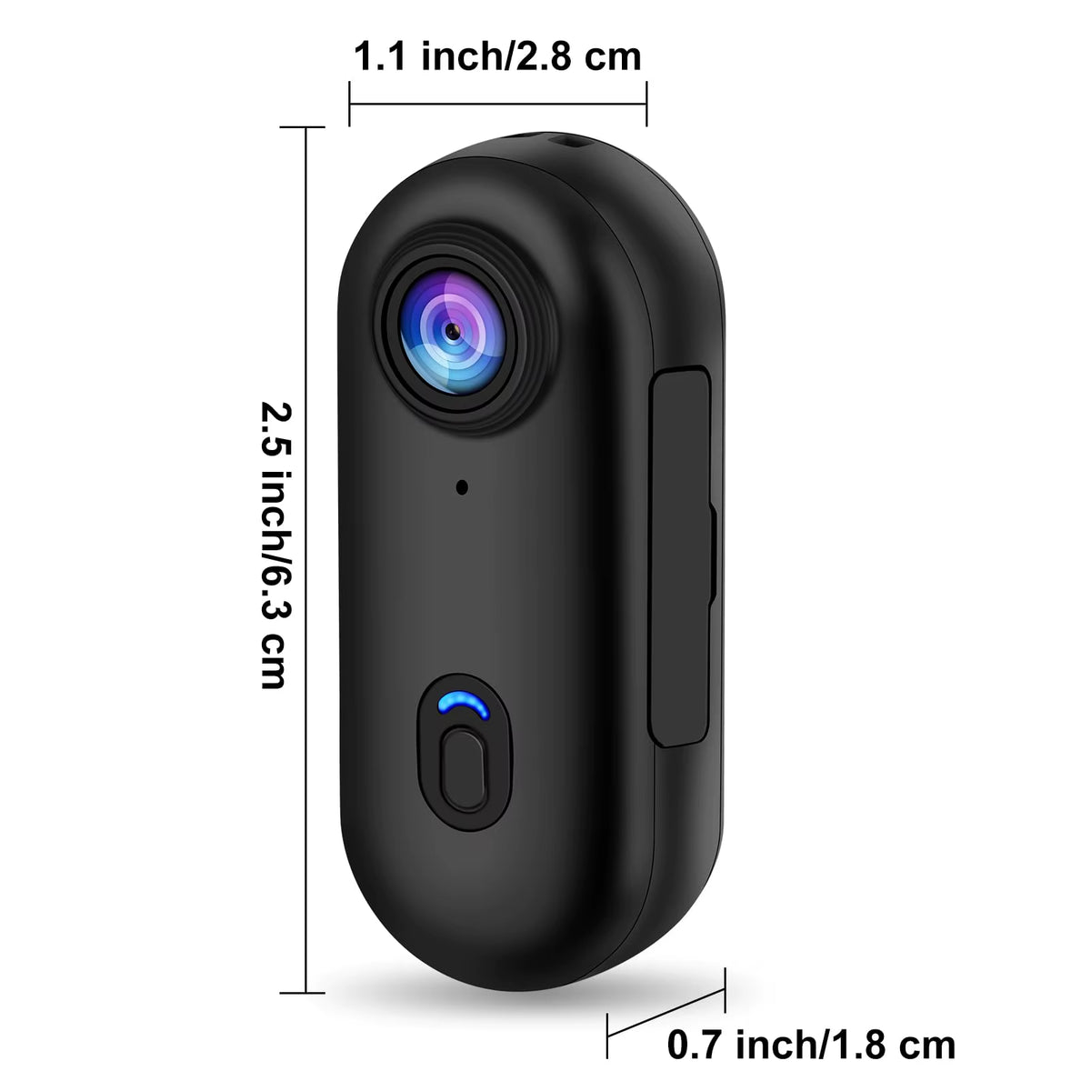 4K Mini Action Camera size diagram showing 2.5 inch height and 1.1 inch width