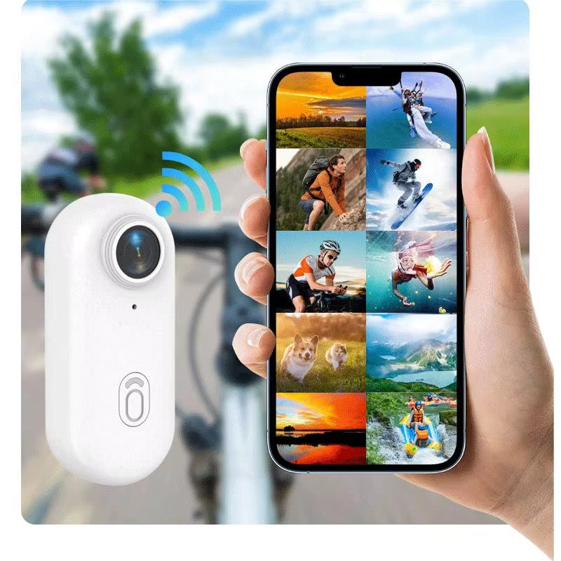 4K Mini Action Camera transferring photos and videos to a smartphone via WiFi