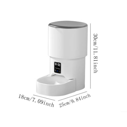 Size dimensions diagram of the 4L automatic pet feeder, 30cm tall by 25cm by 18cm base.