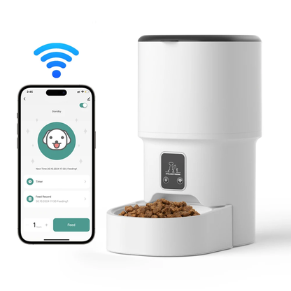 4L WiFi automatic pet feeder paired with smartphone app showing WiFi connection and manual feed button.