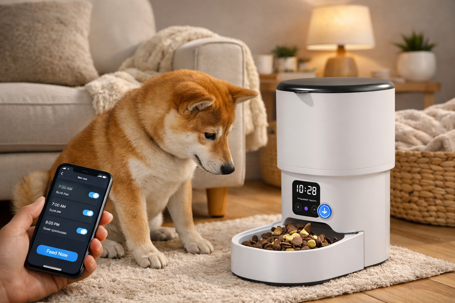 Shiba Inu dog next to WiFi pet feeder with smartphone showing app-controlled remote feeding schedule.