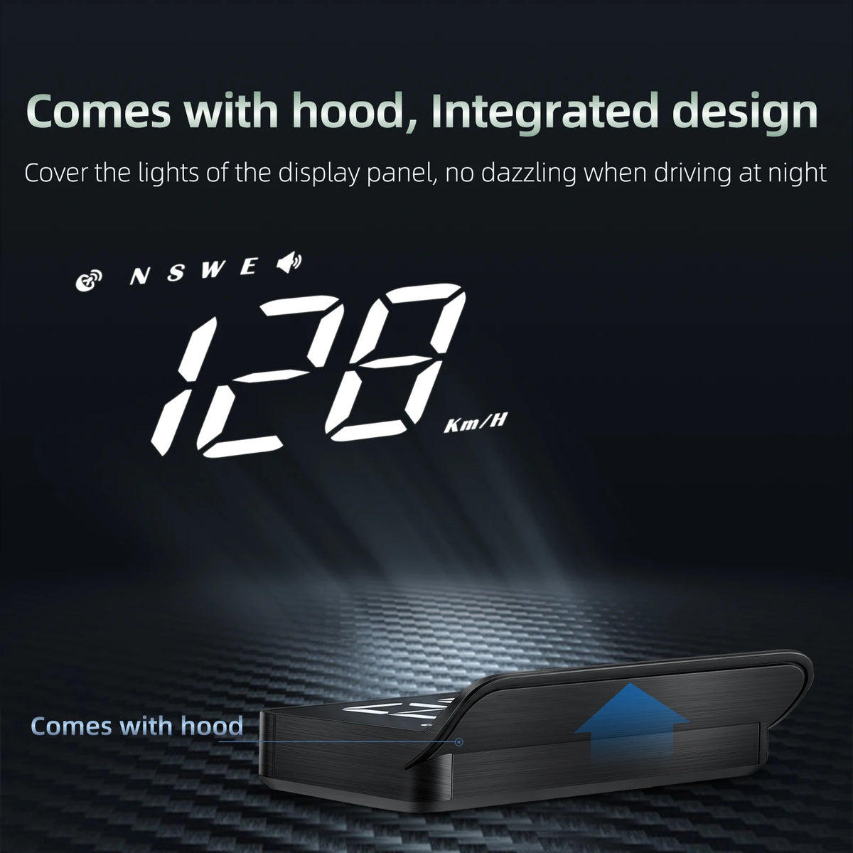 Car HUD Head-Up Display with integrated anti-glare hood to prevent night driving dazzle