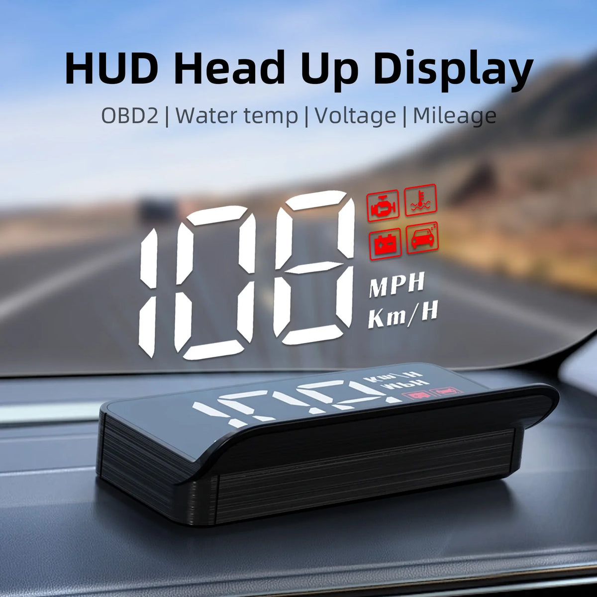 Car HUD Head-Up Display projecting speed onto the windshield, OBD2 water temperature and voltage readout