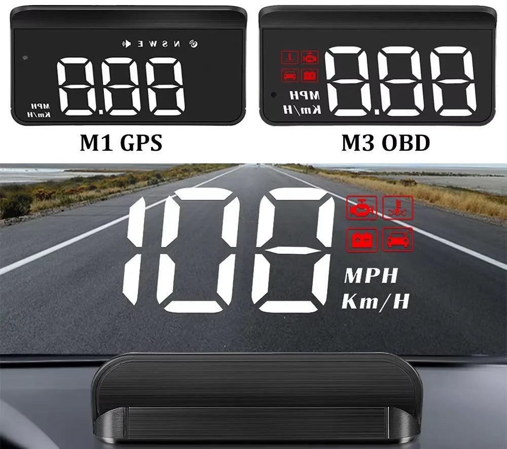 Comparison of M1 GPS and M3 OBD Car HUD Head-Up Display models with windshield projection in use