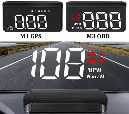 Comparison of M1 GPS and M3 OBD Car HUD Head-Up Display models with windshield projection in use