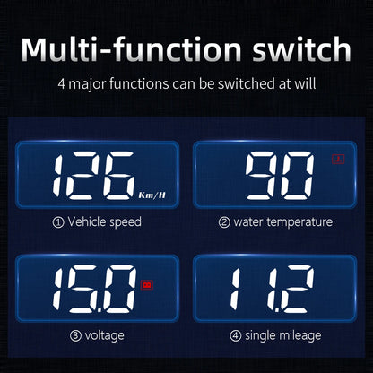 Car HUD Head-Up Display multi-function switch showing vehicle speed, water temperature, voltage, and mileage modes