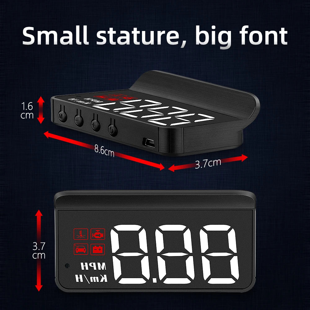 Car HUD Head-Up Display size diagram showing 8.6cm width and 3.7cm depth