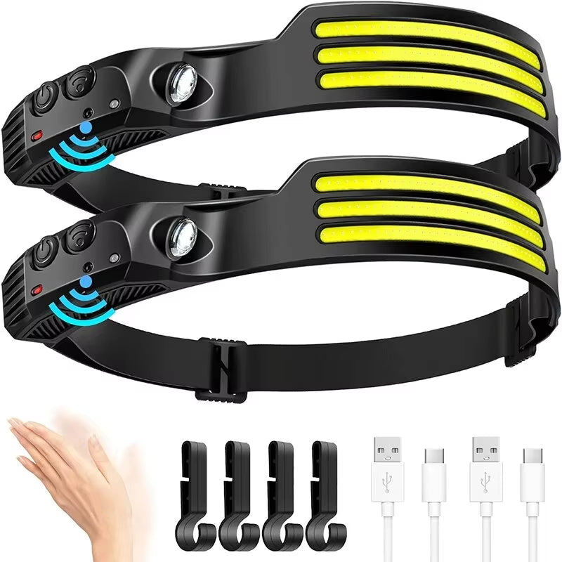Two-pack COB LED headlamps with motion sensor, mounting hooks, and USB charging cables