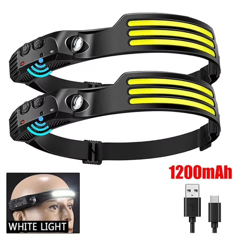 Two COB LED headlamps side by side with white light demo, 1200mAh battery, and USB cable