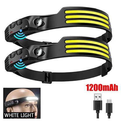 Two COB LED headlamps side by side with white light demo, 1200mAh battery, and USB cable