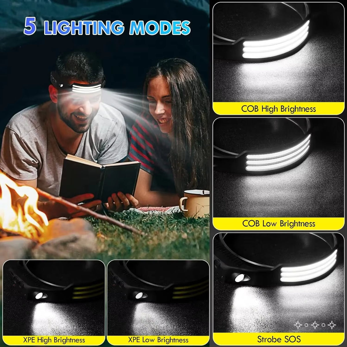 COB LED headlamp 5 lighting modes shown with a couple reading by a campfire at night