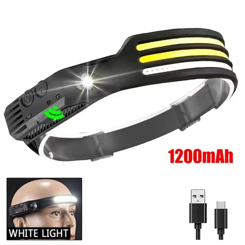 COB LED headlamp with green motion sensor light, 1200mAh battery, and USB charging cable