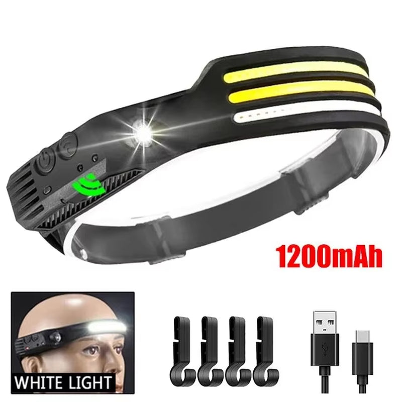 COB LED headlamp with green motion sensor indicator, mounting hooks, and white light demo