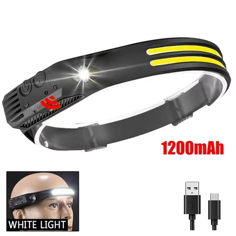 COB LED headlamp with motion sensor, white light beam, 1200mAh battery and USB charging cable