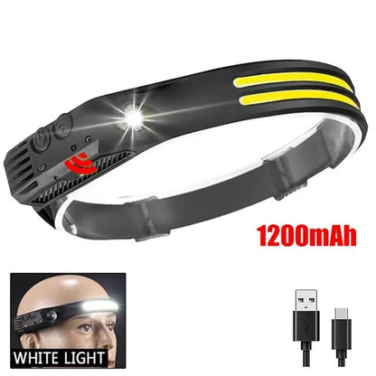 COB LED headlamp with motion sensor, white light beam, 1200mAh battery and USB charging cable