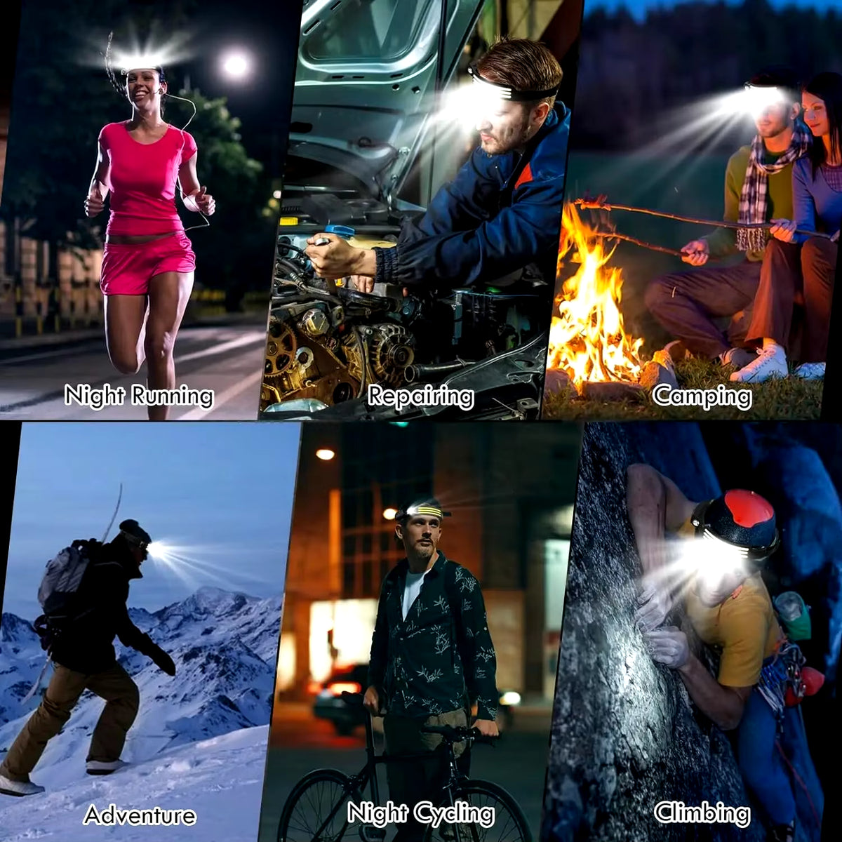 COB LED headlamp in use for night running, car repair, camping, hiking, cycling, and climbing