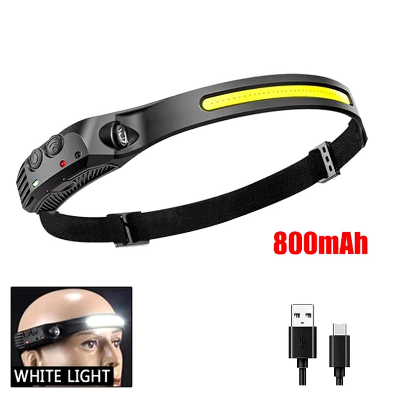 COB LED headlamp single strip design with 800mAh battery option and white light demo
