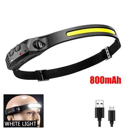 COB LED headlamp single strip design with 800mAh battery option and white light demo