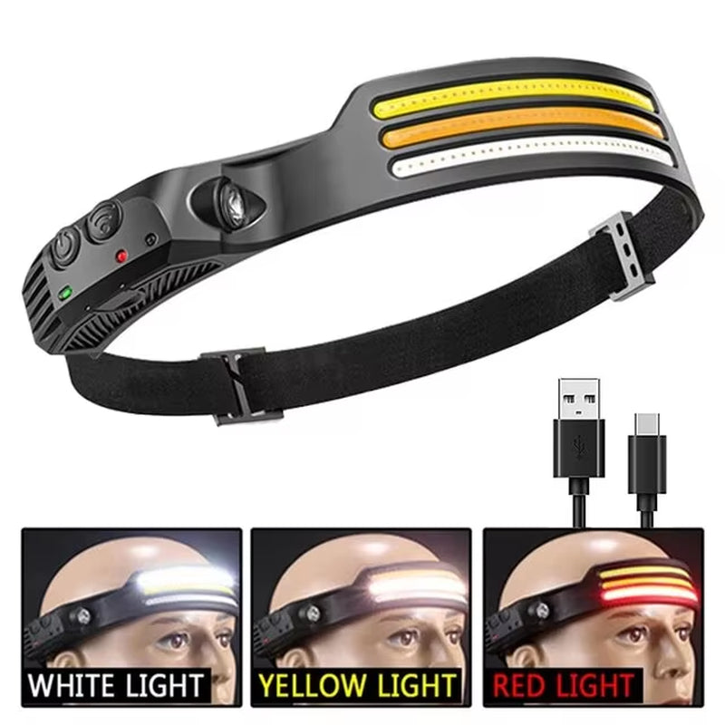 COB LED headlamp with white, yellow, and red light modes demonstrated on a model