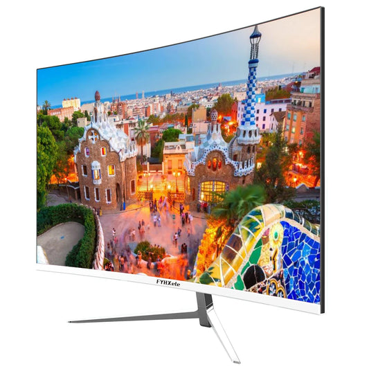 FYHXele 27-inch curved monitor in white, angled view displaying a vivid cityscape photo, 1080p VA panel.