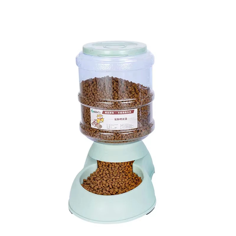 Automatic Gravity Pet Feeder in mint green, 3.75L capacity filled with dry pet food