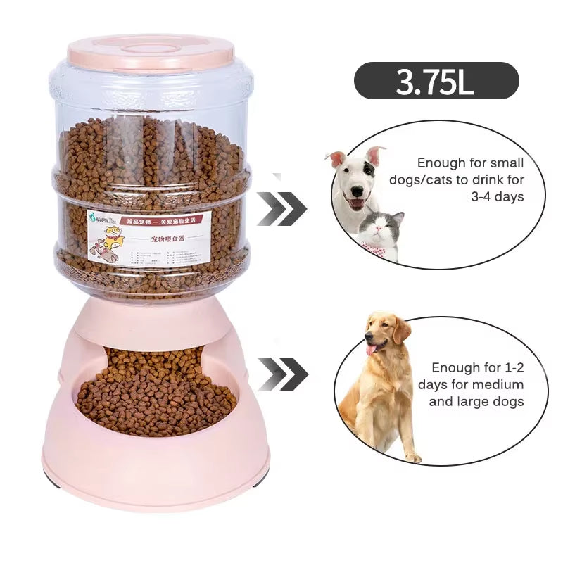 Automatic Gravity Pet Feeder in pink, 3.75L capacity feeding chart for small and large dogs