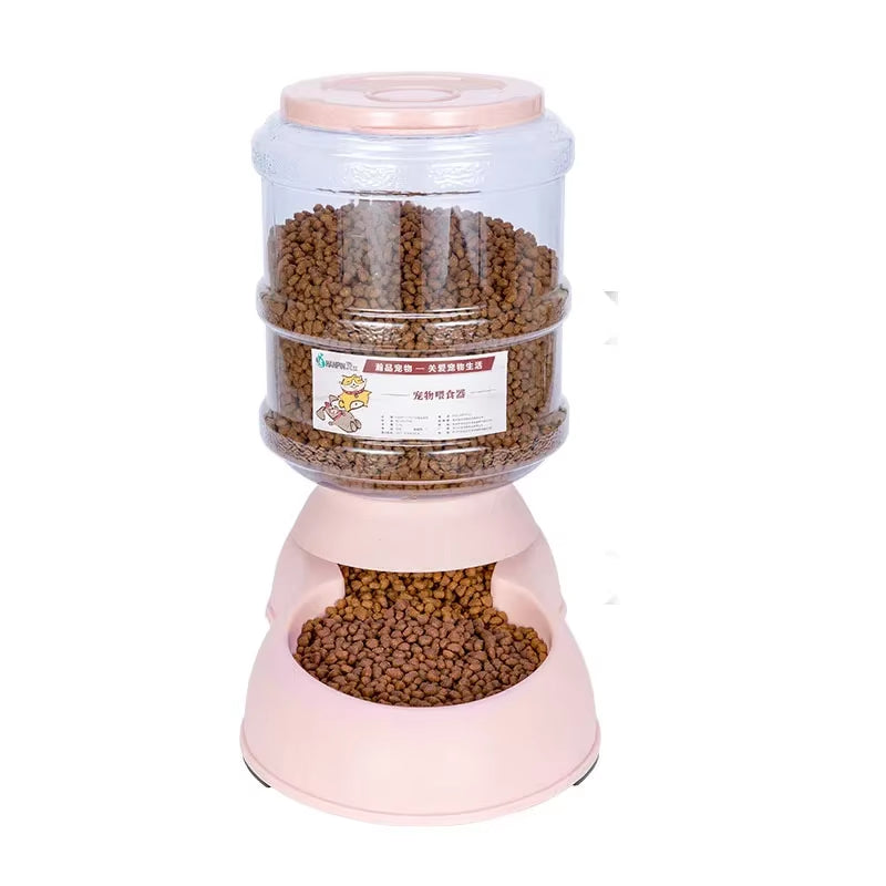 Automatic Gravity Pet Feeder in pink, 3.75L capacity filled with dry pet food